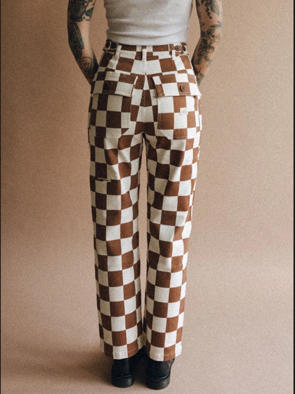 Checkerboard Straight Leg Cargo Pants - Brown & Cream - Picture 3 of 4